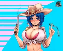 1girls breasts clothing female firearm gun hair handgun headwear human neckwear original_character pale_skin pzpana revolver seductive sheriff uniform weapon