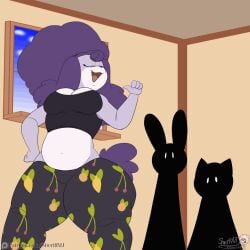 masterj291 patreon canid canine canis domestic_cat domestic_dog felid feline felis lagomorph leporid mammal rabbit 1:1 2026 2d_animation animated digital_media_(artwork) frame_by_frame afro ambiguous_gender anthro big_breasts big_butt bottomwear bouncing_butt breasts butt butt_jiggle clothing detailed_background embarrassed female food food_print fruit_print fur group hair huge_butt jelly_(food) jiggling looking_at_butt male pants plant_print purple_body purple_fur purple_hair thick_thighs torn_bottomwear torn_clothing torn_pants trio wardrobe_malfunction yoga yoga_mat yoga_pants big_ass huge_ass fat_ass furry furry_only