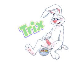 1boy anthro anthro_only balls cobalthusky cum cum_drip cum_on_body cum_on_hand erection food furry furry_only hi_res humanoid_penis lagomorph male male_only mammal masturbation paws penis pleasure_face rabbit sitting smile solo text trix trix_rabbit white_fur