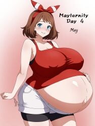 may_(pokemon) pokemon nintendo the_pokemon_company mayternity demonl0rd9 jean_shorts thick_thighs smile looking_at_viewer blush hand_on_belly brunette blue_eyes big_breasts large_breasts massive_breasts puffy_nipples navel popped_navel pregnant pregnant_female pregnant_belly hyper_belly hyper_pregnancy massive_belly