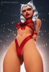 1girl 1girls ahsoka_tano ai_generated cameltoe camera christmas christmas_lights christmas_outfit christmas_present clone_wars duchess_eugene facial_markings female female_only lekku lekku_(anatomy) low-angle_view naked naked_female nude nude_female orange_body orange_skin present ribbon ribbons solo solo_focus standing star_wars tagme tendrils tied tied_hands tied_up togruta