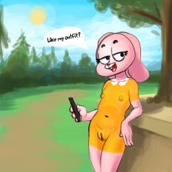 1girl 1girls 2d 2d_(artwork) 2d_artwork anais_watterson anthro anthro_female anthro_only anthro_solo bodypaint breasts buckteeth bunny bunny_ears bunny_girl cartoon_network cellphone chest completely_naked completely_naked_anthro completely_naked_female completely_nude completely_nude_anthro completely_nude_female cub dialogue english english_text exhibitionism exhibitionist eyebrows eyelashes female female_cub female_only flat_chest flat_chested fur furry furry_female furry_only lagomorph looking_at_viewer mammal naked naked_anthro naked_female navel nipples nipples_outside no_body_hair no_pubic_hair nude nude_anthro nude_female open_mouth outside outside_nudity painted_clothes phone pink_body pink_fur public_indecency pussy pussy_focus pussy_lips rabbit rabbit_girl solo solo_anthro solo_female solo_focus speech_bubble text text_bubble the_amazing_world_of_gumball young young_anthro young_female younger_female zambs