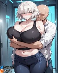 razorthreat voluptuous voluptuous_female curvy_figure curvy curvy_female big_breasts large_breasts huge_breasts ai_generated stable_diffusion mature_female mature mature_woman milf breasts curvaceous curvaceous_figure curvaceous_female highres hi_res cleavage collarbone female 1girls dialogue text absurdres busty waist hourglass_figure horny horny_female aroused fate_(series) fate/grand_order jeanne_alter jeanne_d'arc_alter_(fate) white_hair yellow_eyes tank_top shirt jacket jeans 1boy breast_grab grabbing grabbing_from_behind grabbing_breasts grabbing_another's_breast grope groping groping_breasts groping_from_behind molestation