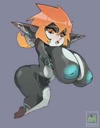 kvakush artist_logo 2025 very_high_resolution simple_background nintendo the_legend_of_zelda twilight_princess midna imp_midna 1girls female female_only solo looking_at_viewer imp orange_hair yellow_sclera orange_eyes blush breasts big_breasts areolae puffy_areola inverted_nipples holding_own_breasts thick_thighs thick_ass pussy_peek shortstack