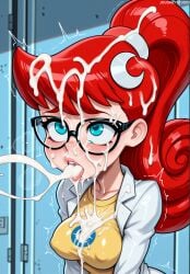 cartoon_network johnny_test_(series) mary_test jousneystudio ai_generated 1girl clothing cum eyewear female semen cum_on_hair cum_in_mouth facial cum_on_clothes glasses red_hair breasts solo cum_on_eyewear ponytail cum_on_body semen_on_body blue_eyes lab_coat blush after_fellatio bukkake long_hair shirt cum_on_tongue tongue covered_nipples hair_ornament semen_on_upper_body black-framed_eyewear yellow_shirt cum_on_breasts open_mouth tongue_out cum_string rolling_eyes medium_breasts patreon_username crescent locker crescent_hair_ornament cumdrip locker_room upper_body collarbone trembling artist_name teeth lips large_breasts long_sleeves looking_up ahegao web_address