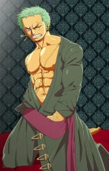 sexyanimes one_piece post-timeskip frown frowning kimono_open kimono pretending_not_to_like_it sexy sexy_body sexy_male trapezius pecs pectorals abs six_pack seductive seductive_body half-dressed half_naked half_nude pecs_focus looking_at_viewer angry_face roronoa_zoro bara barazoku bara_tits bara_tiddies bara_body 1boy male male_only male_focus manly masculine_male gay yaoi solo solo_focus solo_male muscular muscular_male muscles defined_muscles hairless beefy hunk bigger_male tough_guy tall_male larger_male taller_male broad_shoulders scars scar_on_face scar scar_across_eye scar_on_chest green_hair earrings japanese_male pirate handsome handsome_man