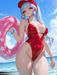 ai_generated arlequin097 kamisato_ayaka genshin_impact mihoyo 1girl solo long_hair breasts looking_at_viewer blush smile blue_eyes large_breasts hair_ornament hat holding ribbon closed_mouth cleavage jewelry bare_shoulders standing blue_hair collarbone swimsuit hair_ribbon ponytail sidelocks thighs outdoors cowboy_shot sky alternate_costume day cloud blunt_bangs mole water bracelet blue_sky covered_nipples groin wet lips mole_under_eye one-piece_swimsuit covered_navel sideboob skindentation highleg cameltoe ocean thick_thighs ass_visible_through_thighs beach floral_print sunlight red_headwear wet_clothes baseball_cap patreon_username wide_hips swim_ring beads innertube shiny_clothes light_blue_hair tress_ribbon pink_lips highleg_swimsuit casual_one-piece_swimsuit bead_bracelet flower_knot linea_alba wet_swimsuit red_one-piece_swimsuit holding_swim_ring blunt_tresses