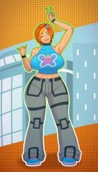 armpits bellybutton breasts butterfly_(planetronika) child_bearing_hips cleavage clothing color curvy diklonius female hi_res huge_breasts large_breasts looking_at_viewer pants planetronika red_hair short_hair sneakers solo solo_female thick_thighs tongue_out wide_hips winking_at_viewer