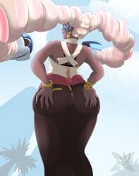 1girls 2017 angelxmikey arms_(game) ass blue_background blue_eyes clothing dark-skinned_female dark_skin earrings hands_on_ass looking_at_viewer looking_back mask nintendo pink_hair red_lipstick red_nails sabling smile solo twintails twintelle