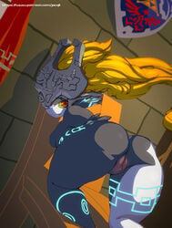 ass bent_over blonde_hair fangs female hair headgear helmet imp_midna jacqli kneeling large_ass long_hair looking_back midna neon_trim nintendo nude pointy_ears pussy red_eyes solo the_legend_of_zelda twilight_princess two_tone_skin yellow_sclera