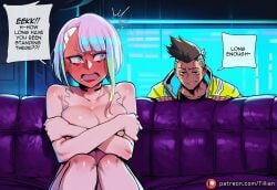 tillian ai_generated cyberpunk_2077 cyberpunk:_edgerunners lucyna_kushinada david_martinez_(edgerunners) lucy_cyberpunk 1girl breasts english_text 1boy covering_privates couch speech_bubble covering_breasts cyberpunk blush embarrassed mohawk nude patreon_username short_hair completely_nude large_breasts sitting on_couch eyeliner