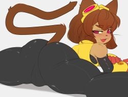 animal_humanoid anthro ass ass_focus blush drakenkoft feline feline_humanoid fur furry gameoverse glitch_productions kit_(gameoverse) smug tail teasing white_background yoga_pose