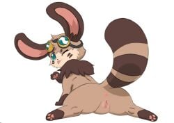 absurd_res anus butt clitoris clothing eevee eyewear eyewear_on_head female feral generation_1_pokemon genitals goggles goggles_on_head headgear headwear hi_res hybrid leg_markings long_ears looking_at_viewer mammal markings nintendo one_eye_closed pawpads paws pokemon pokemon_(species) raccoon_tail rear_view smile smiling_at_viewer socks_(marking) solo thedogface tongue vulva wink winking_at_viewer