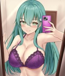 montemasa kantai_collection suzuya_(kantai_collection) highres 1girls aqua_hair bare_arms blush bra breasts cellphone cleavage closed_mouth collarbone green_eyes hair_between_eyes hair_ornament holding holding_phone indoors large_breasts long_hair mirror phone purple_bra reflection selfie sidelocks smartphone smile solo standing underwear upper_body very_long_hair