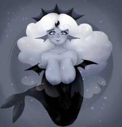 cookie_run cookie_run_kingdom devsisters black_pearl_cookie no_visible_genitalia humanoid female_human human_only fin_ears blue_sclera cyan_sclera mature_female blue_body white_hair boobs tits blue_areola blue_nipples sagging_breasts breasts breasts_out mermaid merfolk aquatic fish_tail blue_skin black_tail humanoid_merfolk mermaid_tail non-human_only no_humans split_form adult adult_female long_eyelashes black_eyelashes looking_down long_hair hair no_sex curly_hair curly-haired_female vomit444 white_hair_female female_focus breast_focus digital_art black_hands smirk smiling underwater