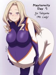 belly_overhang big_belly big_breasts blonde_hair blush demonl0rd9 hands_on_belly holding holding_belly hyper_belly large_breasts looking_at_viewer massive_belly mayternity mount_lady my_hero_academia popped_navel pregnant pregnant_belly pregnant_female smile thight_clothing white_skin yu_takeyama