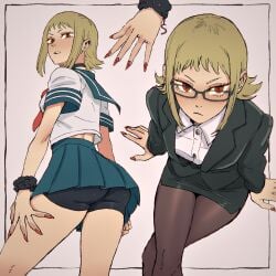 ass ass_focus blonde_hair chainsaw_man choker female female_focus female_only looking_at_viewer looking_down nail_polish pantyhose red_eyes sawatari_akane school_uniform shounen_jump skirt snake_eyes suit tagme