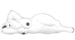 2018 anthro areola bear big_areola big_breasts big_nipples black_and_white black_areola black_nipples breasts chest_tuft claws closed_eyes eyelashes female fur jonas-pride lying mammal monochrome nipples nude on_side pawpads paws pinup polar_bear pose pussy simple_background solo thick_thighs tuft white_background wide_hips