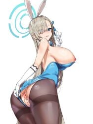 1girl animal_ears anus aqua_leotard ass asuna_(blue_archive) asuna_(bunny)_(blue_archive) asymmetrical_bangs blonde_hair blue_archive blue_bow blue_bowtie blue_eyes blue_halo blue_leotard bow bowtie breasts breasts_out clothes_pull clothing_aside commentary detached_collar fake_animal_ears gloves hair_over_one_eye halo highleg highleg_leotard highres large_breasts leotard leotard_aside long_hair looking_at_viewer mole mole_on_breast munashi_mujou nipples official_alternate_costume pantyhose playboy_bunny pussy rabbit_ears simple_background solo strapless strapless_leotard thighband_pantyhose traditional_bowtie uncensored v white_background white_gloves