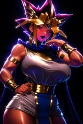 splashthomson ai_generated big_breasts thick_thighs tan_skin genderbend yugioh yami_yugi atem_(yu-gi-oh!) earrings black_lipstick