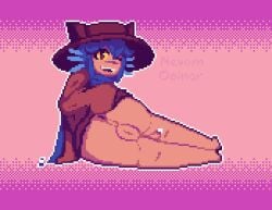 1boy ass ass_bigger_than_head ass_focus balls blue_hair blue_scarf bottomless cat_ears catboy hat looking_at_viewer looking_back looking_back_at_viewer niko_(oneshot) oneshot open_mouth pixel_(artwork) pixel_art precum robe robe_only scarf simple_background watermark yellow_sclera