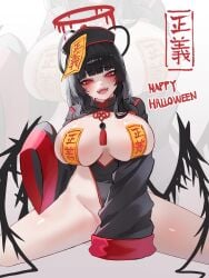 1girls alternate_costume antenna_hair black_dress black_hair black_hat black_wings blue_archive blunt_bangs blush breastless_clothes breasts dress halo hat highres huge_breasts jiangshi_costume looking_at_viewer melting_halo musclexm ofuda ofuda_on_head ofuda_on_nipples open_mouth pasties pelvic_curtain red_eyes red_halo sidelocks sleeves_past_fingers sleeves_past_wrists solo tsurugi_(blue_archive) wings