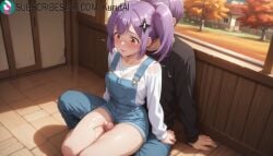 ninja_to_koroshiya_no_futarigurashi kusagakure_satoko penis rating:explicit purple_hair suspenders autumn_leaves brown_eyes overalls testicles cum outdoors sitting erection blush futanari sitting_on_bench sweat hair_ornament sidelocks thigh_sex 1boy collarbone on_bench shirt 1girls ai_generated artist_name artist_signature hi_res high_resolution highres kurutai subscribestar subscribestar_username uncensored