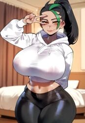 1girls ai_generated big_breasts black_hair breasts dark-skinned_female dark_skin dijiai female hair huge_breasts large_breasts long_hair nemona_(pokemon) nintendo orange_eyes pokemon pokemon_sv solo solo_female tied_hair