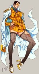 1boy abs artist_name borsalino_(kizaru) breasts crossdressing fishnet_legwear full_body fully_clothed gay grey_background hand_on_leg harukatti hi_res high_heels jacket_on_shoulders long_legs male male_breasts male_only mature_male middle_aged miniskirt moobs no_visible_genitalia one_piece oppai pecs sexy sexy_pose six_pack solo standing stilletos suit suit_and_tie tall tight_clothing yaoi