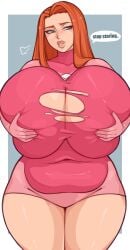 spookiebuni hi_res invincible atom_eve samantha_eve_wilkins 1girls female female_only solo superheroine green_eyes red_hair long_hair narrowed_eyes eyelashes english_text speech_bubble dialogue looking_at_viewer talking_to_viewer huge_breasts hyper_breasts large_breasts torn_clothes holding_own_breasts holding_breasts wide_hips thick_thighs big_thighs