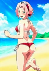 1girls accurate_art_style ai_generated ass ass_crack ass_focus bare_back bare_shoulders bare_thighs big_ass big_breasts bikini bikini_bottom bikini_top blush breasts bubble_ass bubble_butt butt_crack facial_mark female female_only forehead_mark from_behind green_eyes grin hairband light-skinned_female light_skin looking_at_viewer looking_back looking_back_at_viewer naruto naruto_(series) naruto_shippuden outdoors parted_bangs petite pinup pose posing posing_for_the_viewer presenting presenting_ass presenting_hindquarters rear_view red_hairband revealing_swimsuit sakura_haruno shiny shiny_hair shiny_skin short_hair skimpy skimpy_bikini smile thighs viewed_from_behind water
