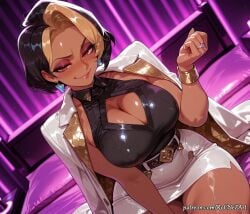 1girl 2026 ai_generated anime bed belt black_hair blizzard_entertainment blonde_hair blush boobs bracelet breasts brown_eyes cleavage cleavage_cutout clothing_cutout covered_nipples crossover dark-skinned_female dark_skin domina dutch_angle earrings eye_contact eyeshadow female female_focus flushed highres huge_breasts jacket jacket_on_shoulders jewelry large_breasts looking_at_viewer makeup multicolored_hair nsfw on_bed overwatch overwatch_2 patreon ring rognezart shiny_skin shirt short_hair sitting skirt sleeveless smile smiling solo thick_thighs thighs two-tone_hair white_jacket white_skirt