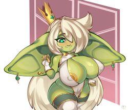 kvakush artist_logo 2026 hi_res regina_(huffslove) 1girls female female_only solo goblin goblin_female green_skin royalty crown white_hair long_hair hair_over_one_eye very_long_hair green_eyes heart-shaped_pupils blush smile earrings ear_piercing huge_ears hyper_ears pointy_ears big_breasts huge_breasts wide_hips thick_thighs clothing clothed areolae nipple_peek fingerless_gloves legwear