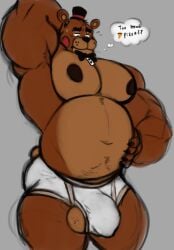 barely_contained bear big_balls big_belly big_penis black_eyebrows blue_eyes bowtie briefs brown_fur brown_nipples clawed_fingers claws five_nights_at_freddy's five_nights_at_freddy's_2 fnaf musclegut muscular muscular_anthro muscular_male red_cheeks solo srlimonada strongfat top_hat toy_freddy_(fnaf) white_briefs