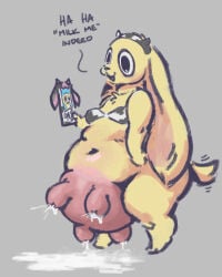 4:5 absurd_res animal_print animal_print_bikini anthro big_ears big_tummy bikini bikini_top bodily_fluids bottomless canid canine canis chikn_nuggit chikn_nuggit_(chikn_nuggit) clothed clothing cow_print cow_print_bikini crossgender domestic_dog fake_horns fur hi_res intersex lactating male mammal overweight pattern_bikini pattern_clothing pattern_swimwear s-q solo swimwear tail tail_motion tailwag teats two-piece_swimsuit udders yellow_body yellow_fur