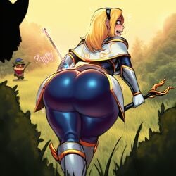 1boy 1girl ai_generated armor ass_focus bent_over big_breasts blonde_hair bustybunz captured dart drugged_sex drugs from_behind grass hetero huge_ass interspecies large_ass league_of_legends long_hair luxanna_crownguard outdoor_sex partially_clothed rear_view request requested size_difference smaller_male sound_effects sunset tagme teemo yippee yordle yordle_on_human