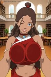 cidrex ai_generated katara fire_nation_clothing huge_breasts pressing_breasts thick_lips dark-skinned_female blue_eyes brown_hair looking_at_viewer avatar_the_last_airbender