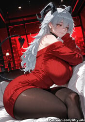 1girl ai_assisted ai_generated ass bare_shoulders black_legwear blush breasts cosplay curvaceous curvy curvy_female curvy_figure demon_tail earrings female female_only horns huge_breasts jewelry long_hair looking_at_viewer miyuai off_shoulder on_bed pantyhose pillow red_sweater ribbed_sweater silver_hair sitting smile solo spy_x_family sweater tail thick thick_ass thick_butt thick_hips thick_legs thick_thighs thighs voluptuous voluptuous_female wide_hips wide_thighs wuthering_waves yor_briar_(cosplay) zani_(wuthering_waves)