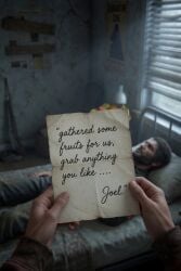 1boy 1girls 2026 2d 3d ai_generated aistuffo bed bedroom black_hair ellie_(the_last_of_us) ellie_williams female fruit fruit_basket indoors jacket joel_miller letter lying lying_on_back male pov reading red_jacket the_last_of_us uncensored