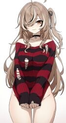 1girl absurdres ahoge black_choker black_streaks black_sweater bottomless breasts brown_eyes brown_hair choker closed_mouth clothes_tug commentary daydarion dayyo_(daydarion/day-chan) embarrassed english_commentary female female_only furrowed_brow graduated_vtuber groin hair_over_one_eye highres hips hololive hololive_english lace-trimmed_choker lace_trim long_hair looking_at_viewer medium_breasts multicolored_hair nanashi_mumei nanashi_mumei_(emo) no_pants official_alternate_costume official_alternate_hairstyle one_side_up pendant_choker red_sweater ripped_clothing side-tie_bikini_bottom simple_background solo solo_female streaked_hair striped_clothes striped_sweater sweater sweater_tug swept_bangs swimsuit thighs torn_clothes torn_sweater underboob very_long_hair virtual_youtuber white_background white_streaks