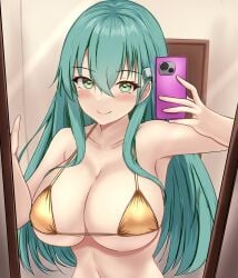montemasa kantai_collection suzuya_(kantai_collection) highres 1girls aqua_hair bare_arms bare_shoulders bikini blush breasts cellphone cleavage closed_mouth collarbone gold_bikini green_eyes hair_between_eyes hair_ornament holding holding_phone indoors large_breasts long_hair mirror phone reflection selfie sidelocks smartphone smile solo standing swimsuit upper_body very_long_hair