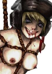 bdsm blonde_hair bloody_mouth bloody_nose blue_eyes bondage boobs boobs_out crazy gore guro helmet naked nude pierced_nipples psychopomp_(fading_club) queen_of_venus_(psychopomp) rope rope_bondage smile tied_up venus_(psychopomp)