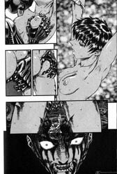 1boy 1girls ass_grab berserk blood brand brand_of_sacrifice breast_grab casca dark-skinned_female dark_skin female femto forced_to_watch griffith guts_(berserk) human manga monster nipples nude rape short_hair