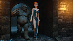 1boy 3d anaria big_breasts breasts circlet dress elf english_text female lips loincloth lord_kvento male monster pointy_ears red_hair standing tattoos text