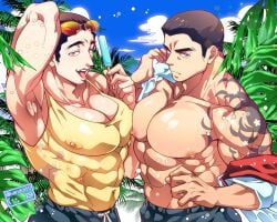 2boys abs akainu armpit_hair armpits arms_up artist_name bara beefy biceps big_areola borsalino_(kizaru) breasts breasts_bigger_than_head breasts_pressed_together breasts_squeezed_together broad_shoulders brown_hair buzz_cut collarbone daddy dilf duo erect_nipples flower_tattoo frown gay grey_eyes harukatti hi_res huge_breasts hunk light_skin looking_at_viewer male male/male male_breasts male_only manly mature_male moobs morning muscles muscular muscular_arms muscular_male muscular_neck naughty_face navel nipples_visible_through_clothing no_visible_genitalia one_piece oppai palm_tree pecs popsicle seaside seductive short_hair six_pack skin_tone_difference sky standing sunglasses sunglasses_on_head tanktop tattoo tattooed_arm thick thick_eyebrows tongue_out topless tough_guy triceps yaoi young