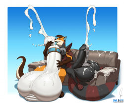 accessory anthro ball_size_difference balls big_balls big_penis bodily_fluids canid canine citra cum duo ejaculation foreskin fox furniture genital_fluids genitals hi_res huge_balls huge_penis humanoid_genitalia humanoid_penis hybrid hyper hyper_balls hyper_genitalia hyper_penis kara_(karathefox) lying male mammal mustelid on_sofa otter owligatorstudios penis penis_accessory penis_size_difference sitting sitting_on_sofa sofa