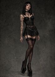 ai_generated alice_the_wanderer black_choker black_corset black_hair black_lace black_thighhighs chains choker corset cswiz garter_straps goth goth_girl grey_background high_heels lace lace_choker looking_at_viewer makeup microskirt mouth_open platform_heels tattoo tattoo_on_arm tattooed_arm thigh_highs thighhighs zettai_ryouiki