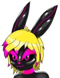 anthro black_body blonde_hair clothing drone dronification female glowing glowing_eyes hair happy headshot_portrait highlights_(coloring) lagomorph latex latex_clothing latex_skinsuit mammal milky_rivas pink_highlights portrait skinsuit solo tight_clothing transformation unknown_artist