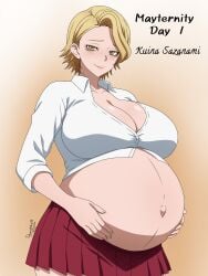 demonl0rd9 pregnant pregnant_female pregnant_belly large_breasts big_breasts big_belly blonde_hair mayternity hands_on_belly navel popped_navel school_uniform blush