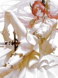 1girl alternate_costume arknights breasts censored chinese_commentary commentary_request demon_horns dress hair_spread_out highres horns iumu long_hair looking_at_viewer lying medium_breasts mosaic_censoring nipples object_insertion on_back parted_lips purple_eyes reclining red_hair solo spread_legs surtr_(arknights) sword very_long_hair weapon white_dress